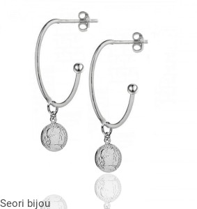 Rodowane kolczyki półkola z  antyczną monetą