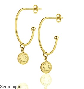 Pozłacane kolczyki półkola z  antyczną monetą