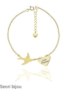 Pozłacana srebrna bransoletka jaskółka i serce z grawerem