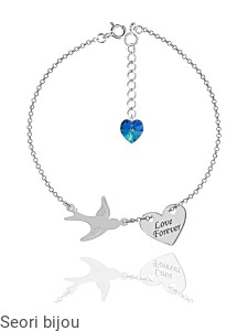 Srebrna bransoletka jaskółka i serce z grawerem z Swarovski Elements