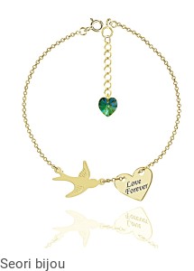 Pozłacana bransoletka jaskółka i serce z grawerem z Swarovski Elements