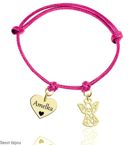 Bransoletka aniołek i serce z grawerem pozłacana 24 k złotem